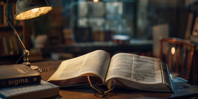 a vintage dictionary open to the page defining "sigma," surrounded by dusty old books in a dimly lit study.