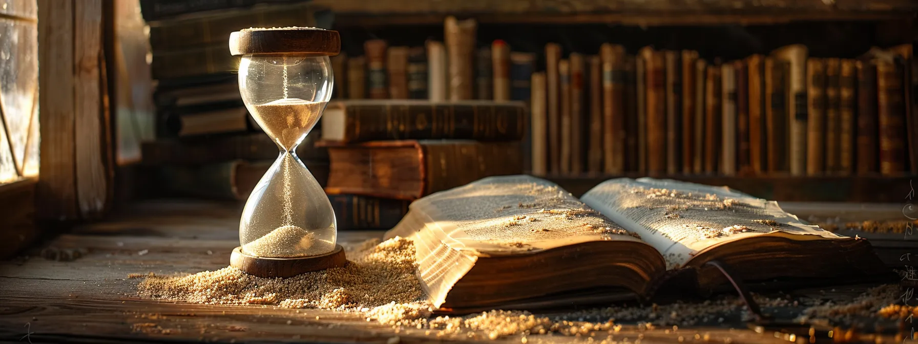 an ancient hourglass filled with golden sand against a backdrop of dusty old books, symbolizing the timeless nature of centuries.