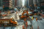 a bustling city street filled with construction workers repairing roads and buildings, symbolizing the essential role of infrastructure in economic recovery post-pandemic.