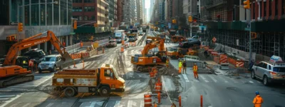 a bustling city street filled with construction workers repairing roads and buildings, symbolizing the essential role of infrastructure in economic recovery post-pandemic.