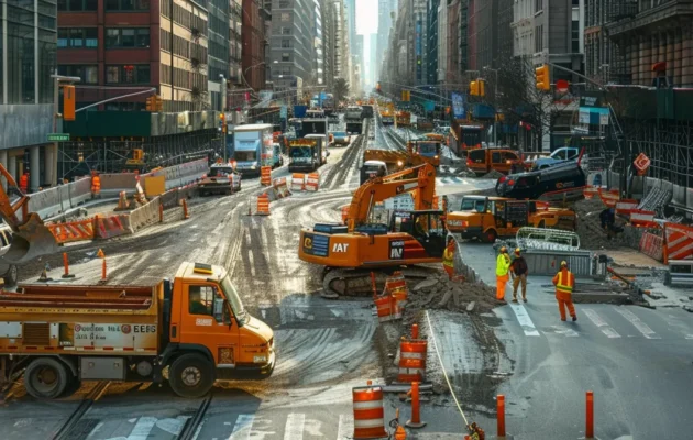 a bustling city street filled with construction workers repairing roads and buildings, symbolizing the essential role of infrastructure in economic recovery post-pandemic.