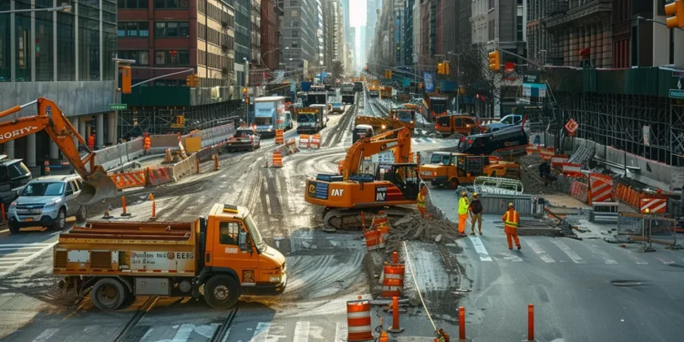 a bustling city street filled with construction workers repairing roads and buildings, symbolizing the essential role of infrastructure in economic recovery post-pandemic.