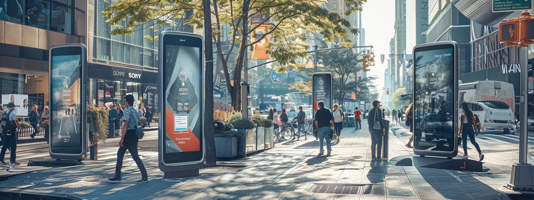 a bustling city street with smart healthcare kiosks, digital screens displaying real-time data, and surveillance cameras monitoring traffic and pedestrians.