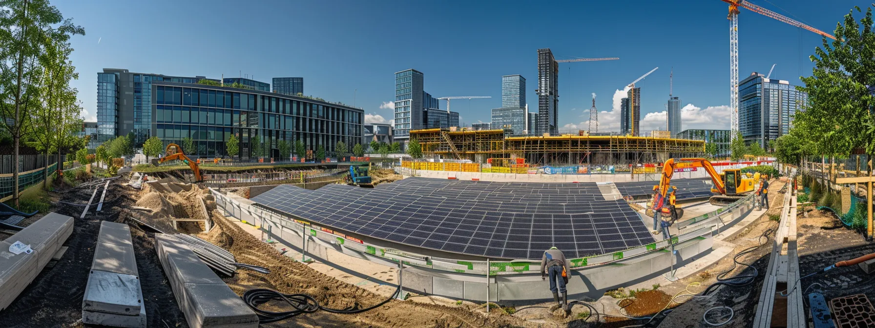 a bustling construction site with workers installing solar panels and high-tech grid systems, surrounded by a backdrop of green energy sources and modern infrastructure.