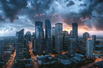 a city skyline with skyscrapers towering under stormy clouds, showcasing the intersection of infrastructure and climate change.