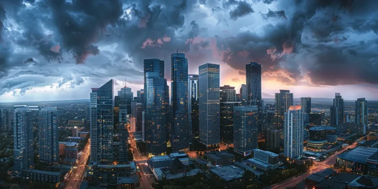 a city skyline with skyscrapers towering under stormy clouds, showcasing the intersection of infrastructure and climate change.