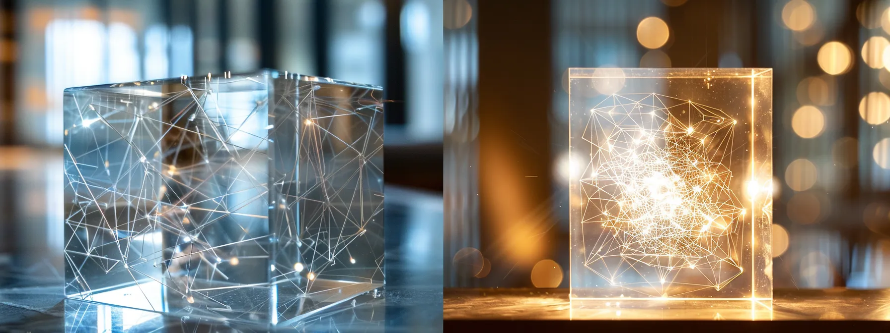 a close-up photo of a transparent glass block filled with intricate network nodes and transaction data, symbolizing the complexity and transparency of blockchain's public ledger system.