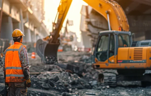 a construction worker standing beside a crumbling bridge, surveying the deteriorating structure with a determined expression.