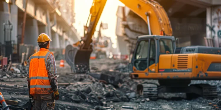 a construction worker standing beside a crumbling bridge, surveying the deteriorating structure with a determined expression.