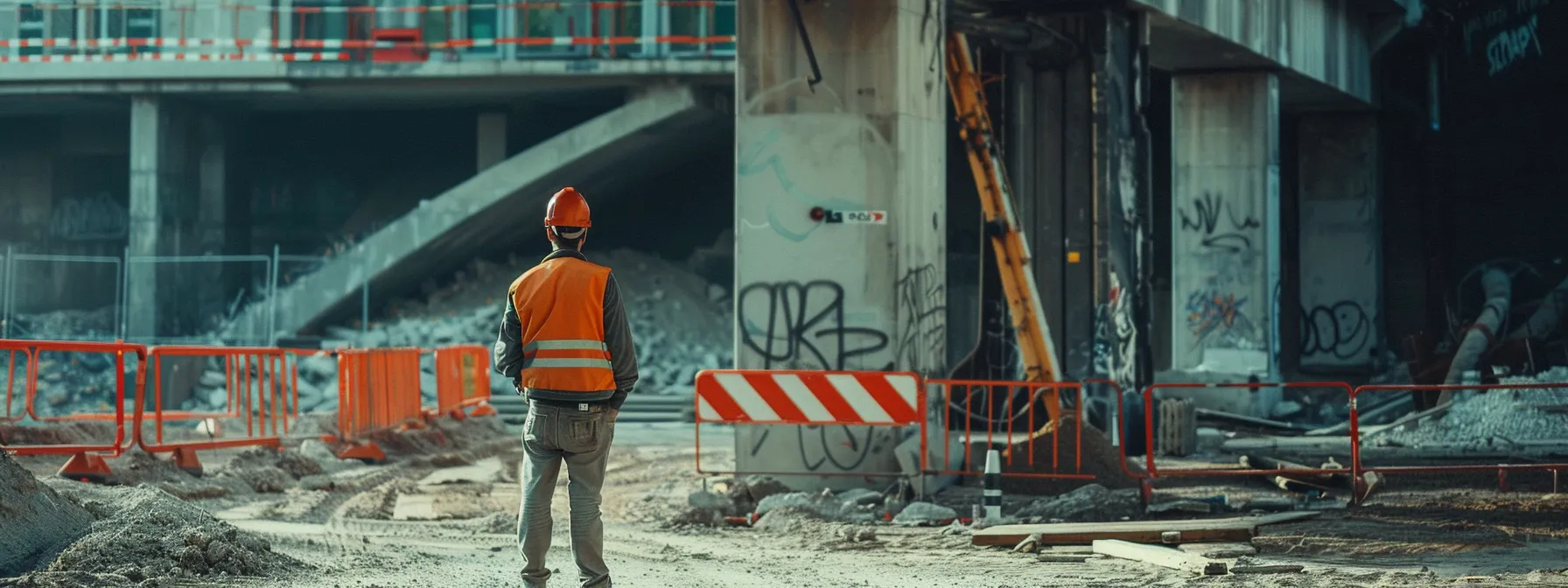 a construction worker standing in front of a crumbling bridge, surrounded by barriers and red tape, symbolizing the key obstacles in infrastructure modernization.