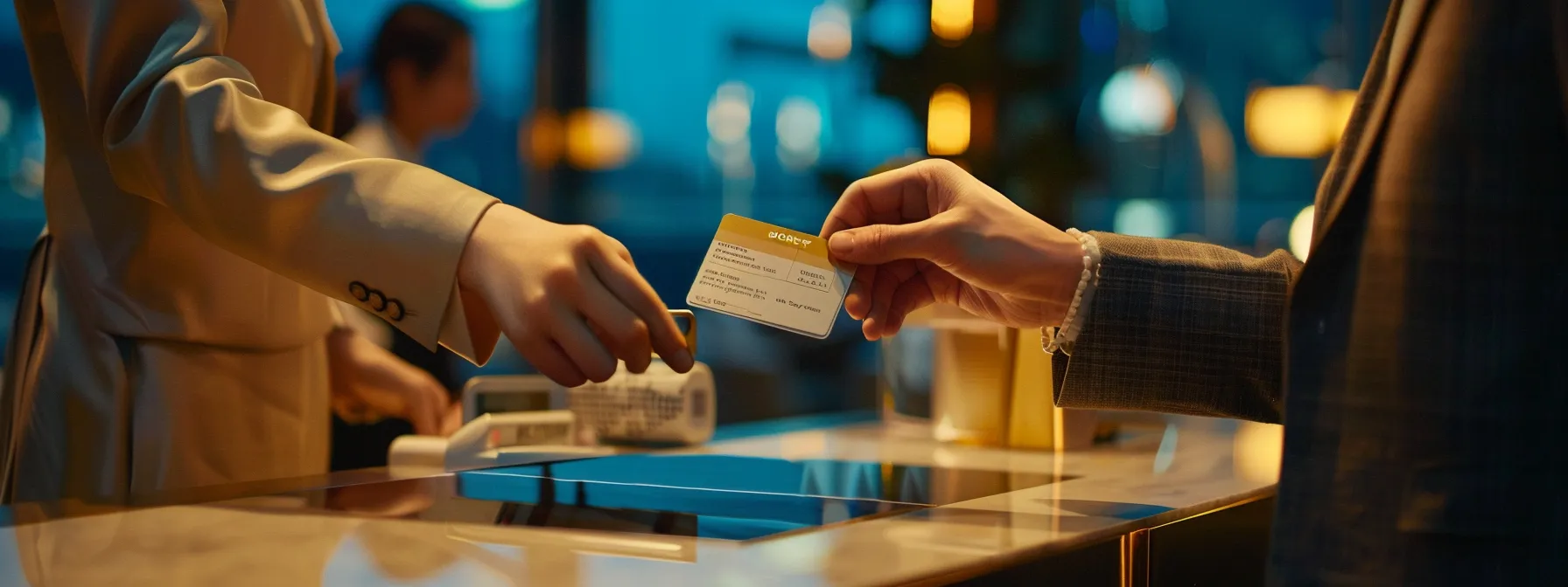 a corporate traveler handing over a restricted travel card for payment at a hotel reception, with a sleek, professional design and clear restrictions displayed.