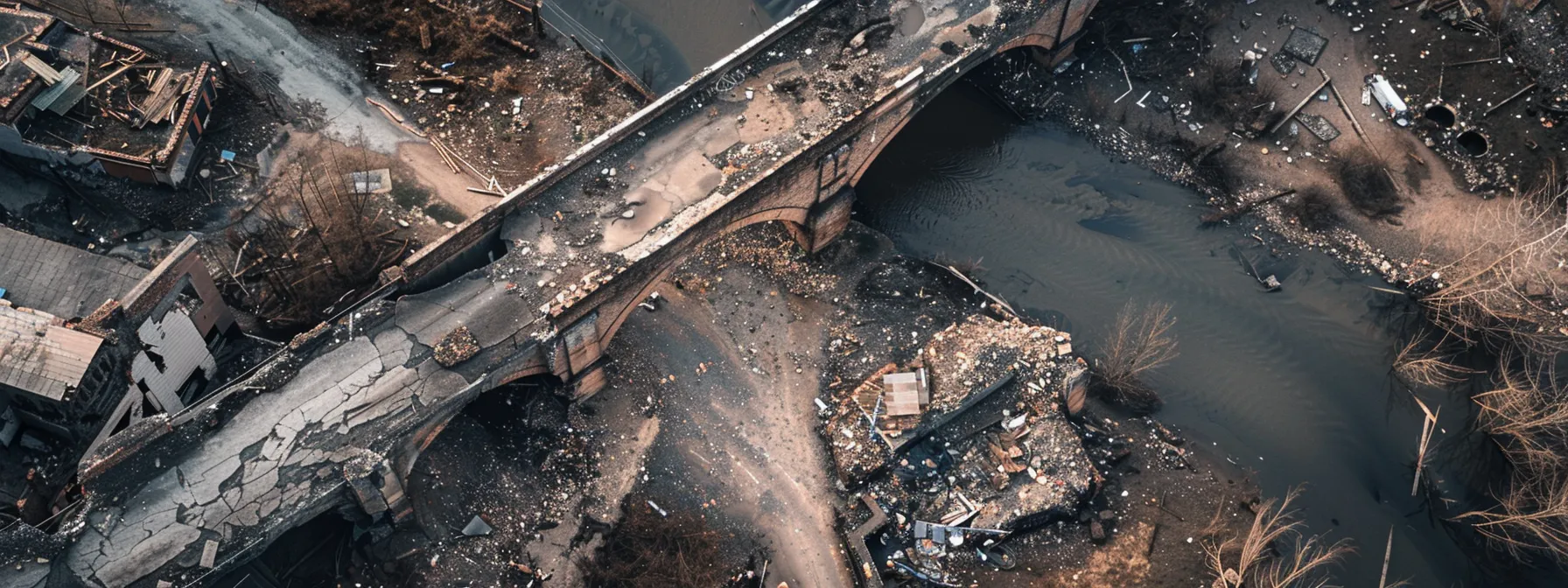 a crumbling bridge over a polluted river, surrounded by congested roads and outdated buildings, showcasing the negative impact of aging infrastructure on society.