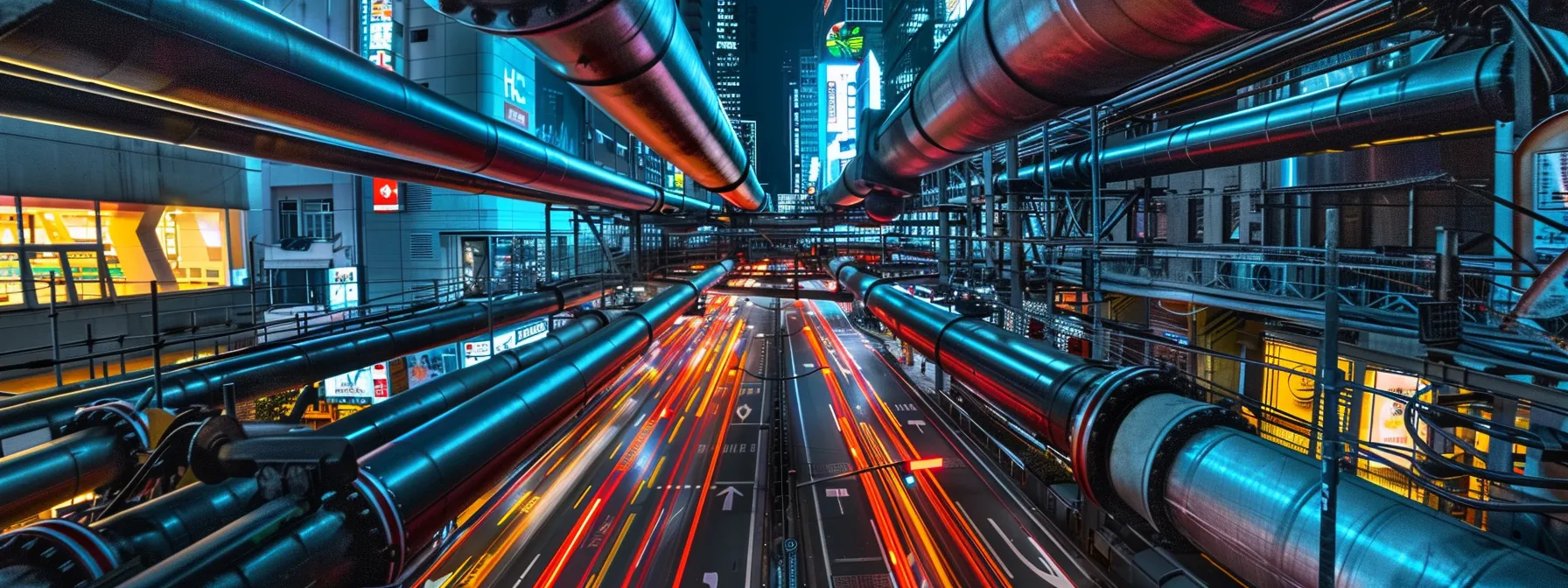 a dark, intricate network of pipes and cables intertwining under a bustling city street.