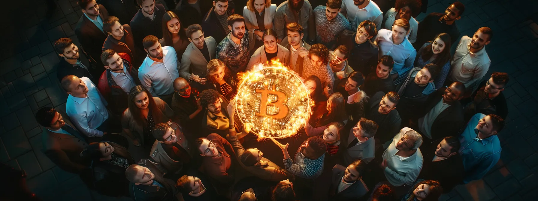 a diverse group of investors from around the world, including young entrepreneurs, seasoned traders, and institutional organizations, gathered around a glowing bitcoin logo, symbolizing the widespread ownership and global impact of cryptocurrency in 2024.