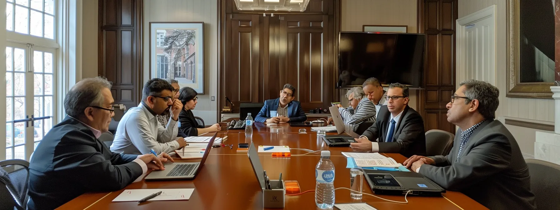 a diverse group of professionals collaborating around a table, discussing financing options and project management strategies for infrastructure investment post-pandemic.