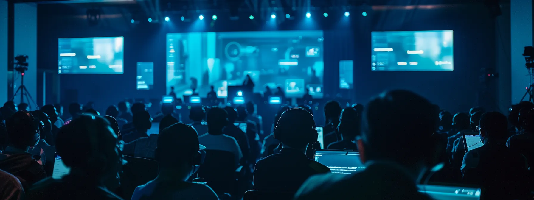 a futuristic blockchain conference showcasing real-world applications of hashing, with digital signatures and smart contracts displayed on large screens in a dimly lit room filled with tech enthusiasts.