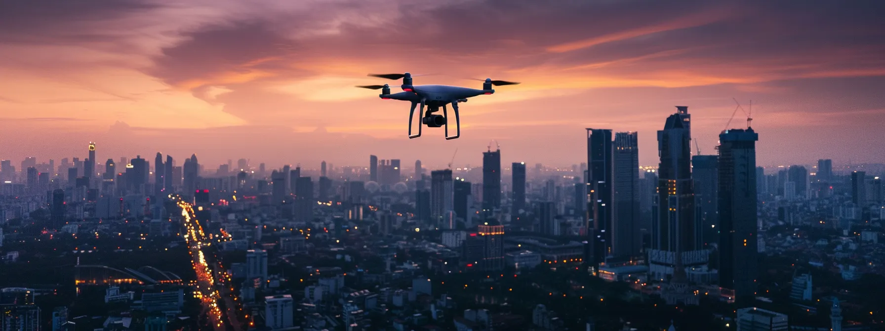 a futuristic passenger drone hovering above a city skyline, showcasing the cutting-edge technology and urban mobility potential of drone transportation.