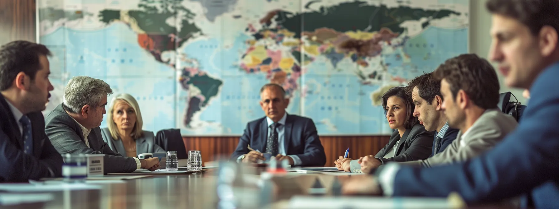 a group of business professionals attending a high-level briefing session on international travel safety, surrounded by maps and security briefs, with a tense atmosphere reflecting the importance of the topic.