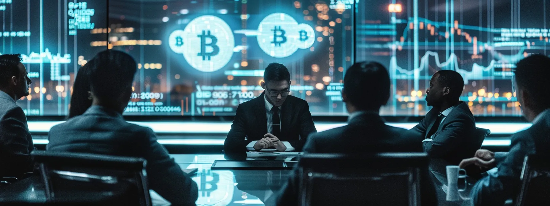 a group of diverse, affluent individuals surrounded by digital screens displaying fluctuating bitcoin values, intensely discussing their investment strategies in a sleek, modern boardroom.