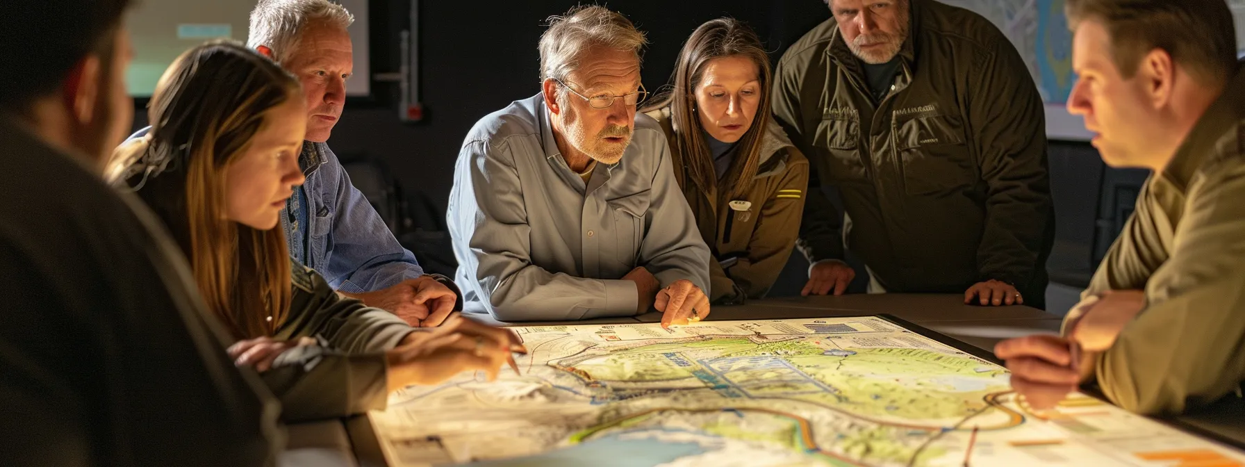 a group of diverse professionals gathered around a large table covered with maps, charts, and blueprints, deep in discussion and planning for future infrastructure development.