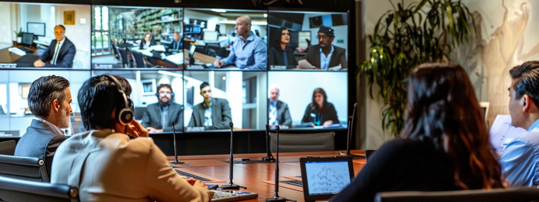 a group of diverse professionals in a conference room, listening intently to a security expert delivering a defensive foreign travel briefing.