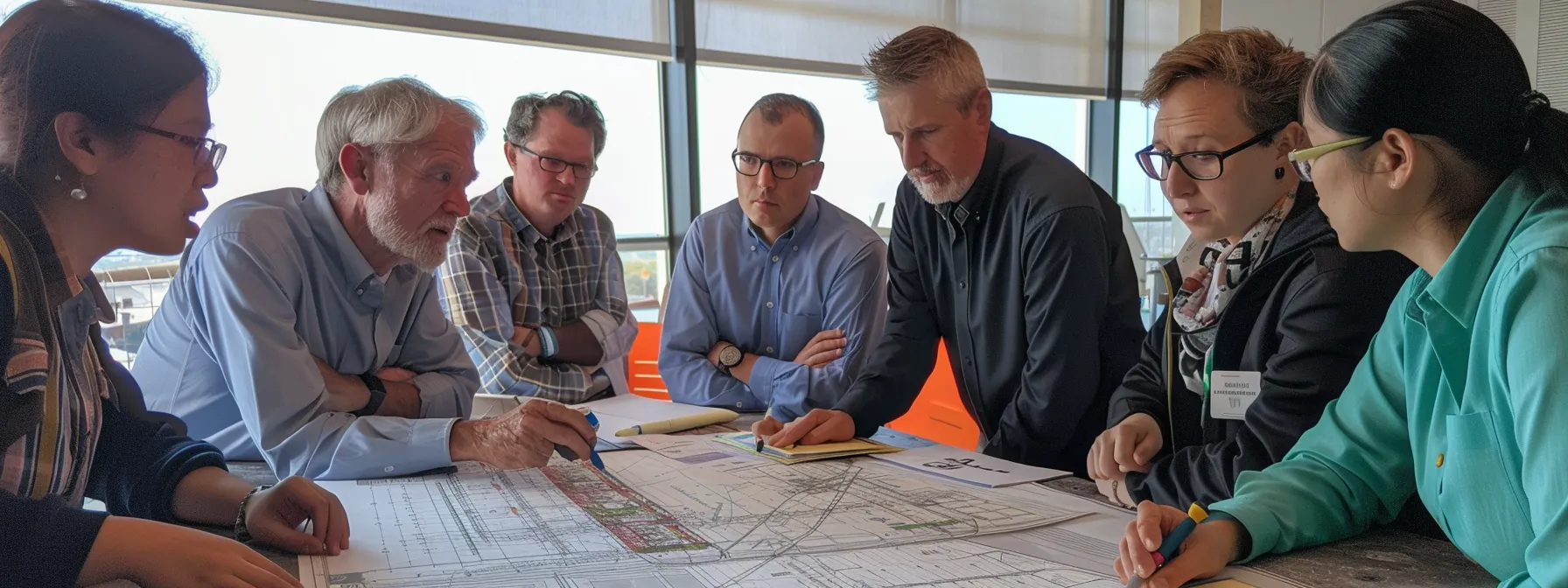 a group of engineers and policymakers collaborate around a table covered in blueprints and graphs, discussing strategies to address challenges in climate-resilient infrastructure development.