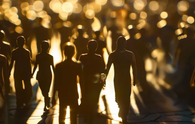 a group of faceless, shadowy figures exchanging digital currencies in a crowded marketplace.