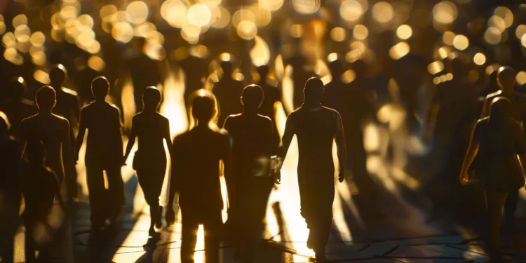 a group of faceless, shadowy figures exchanging digital currencies in a crowded marketplace.