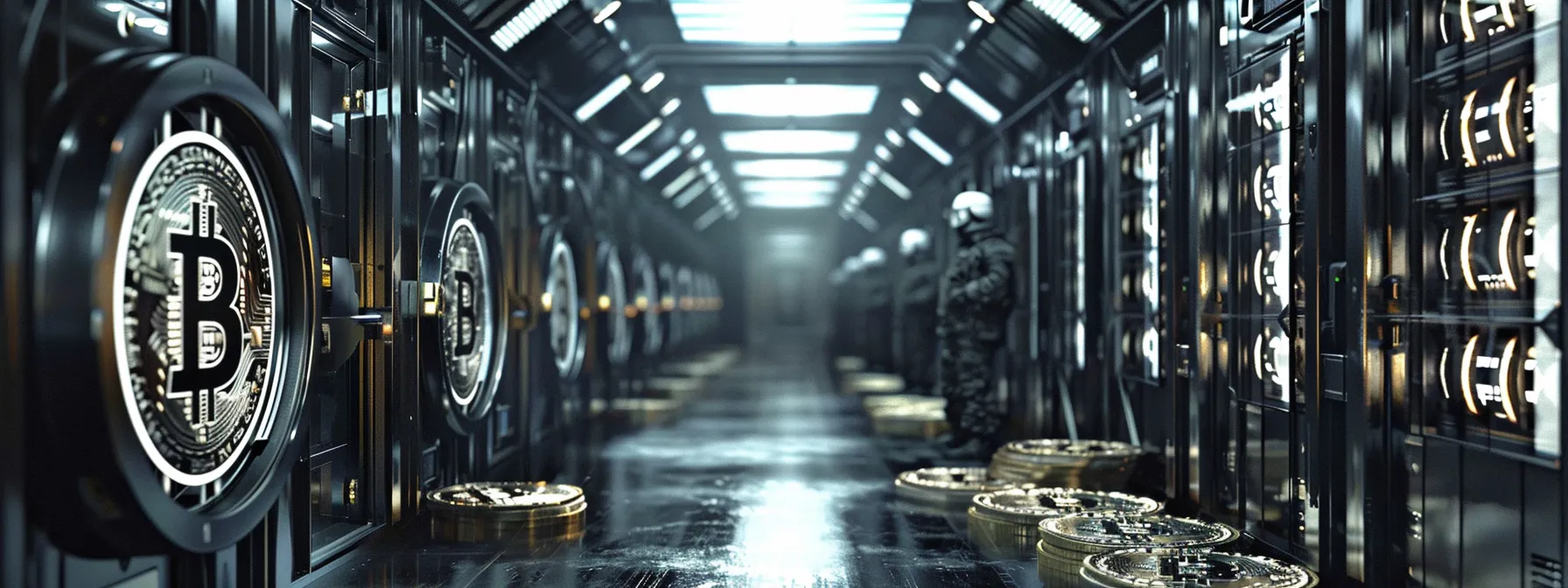 a high-security government vault filled with rows of gleaming bitcoin reserves surrounded by armed guards.