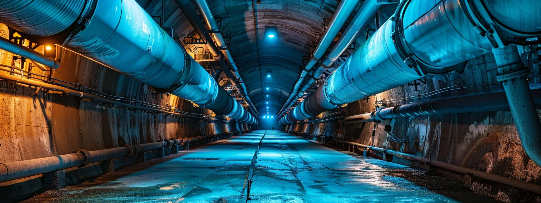 a massive, futuristic underground sewage system with intricate pipes and tunnels, illuminated by dim, eerie lighting.