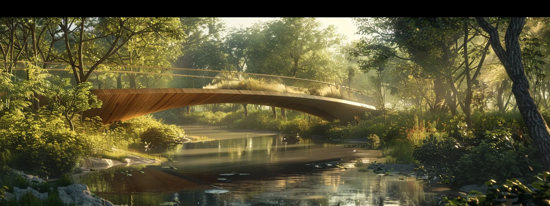 a modern bridge built with advanced materials stands resilient against a backdrop of lush, protected wetlands.