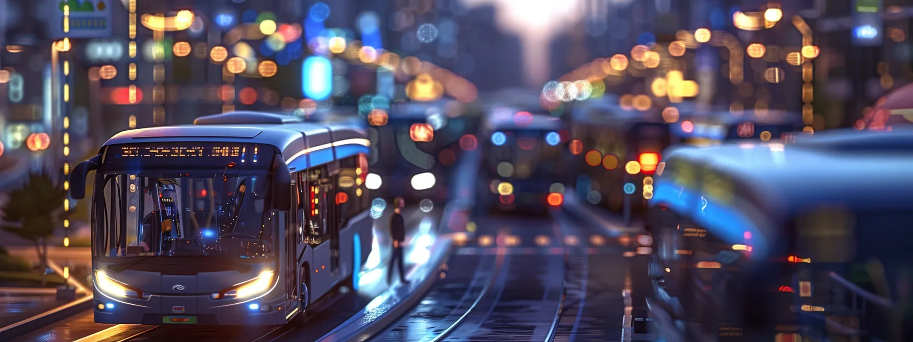 a network of energy-efficient smart traffic lights guiding electric buses through a futuristic cityscape of sustainable transport.