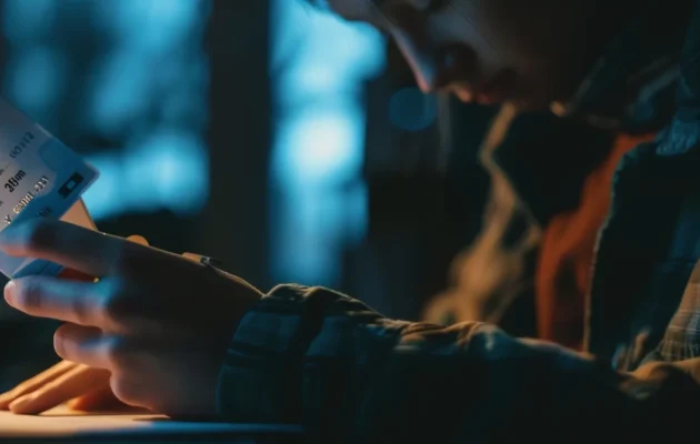 a person nervously checking their credit card statement, revealing a high balance and accumulating interest charges.