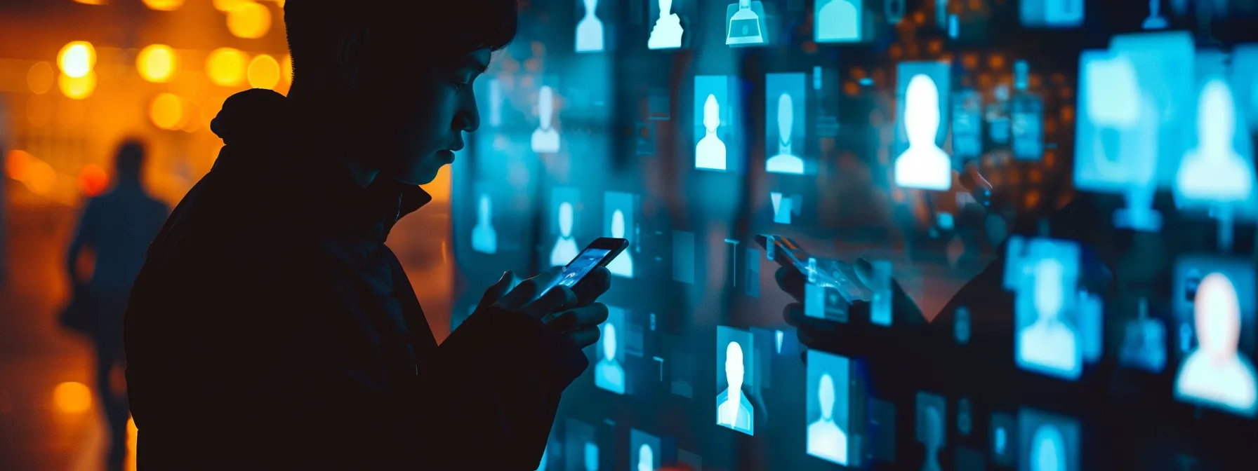 a person scrolling through a social media feed, unknowingly sharing personal information, while shadowy figures lurk in the background, symbolizing cybercriminals exploiting the data.