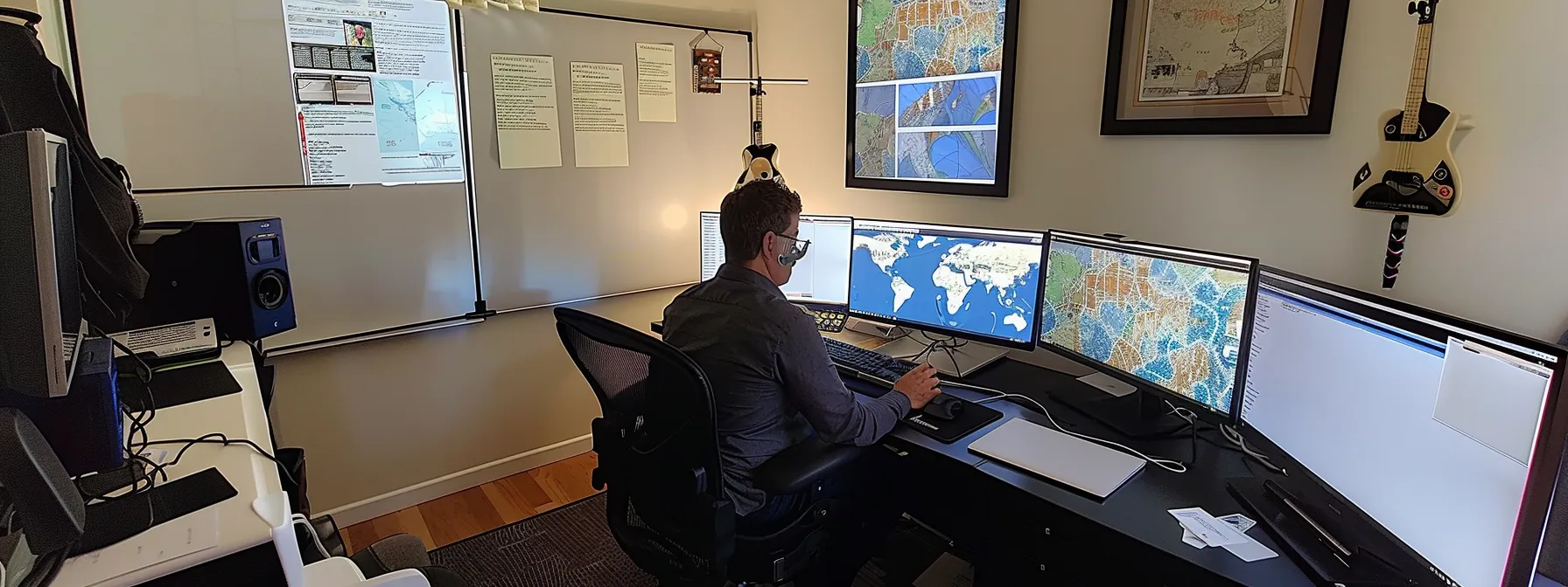 a person sitting at a desk surrounded by computer monitors displaying real-time security updates, training resources, and global travel advisories to stay informed between briefings.