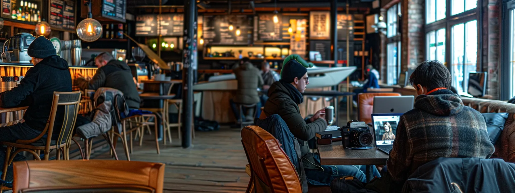 a person sitting in a crowded coffee shop, with a hacker in a shadowy corner stealing data from laptops connected to the unsecured public wi-fi network.