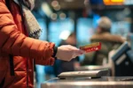 a person standing at a train station ticket counter receiving a restricted travel card.