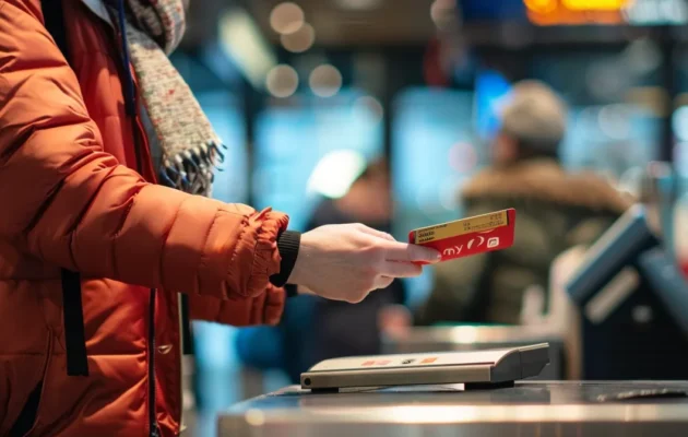 a person standing at a train station ticket counter receiving a restricted travel card.