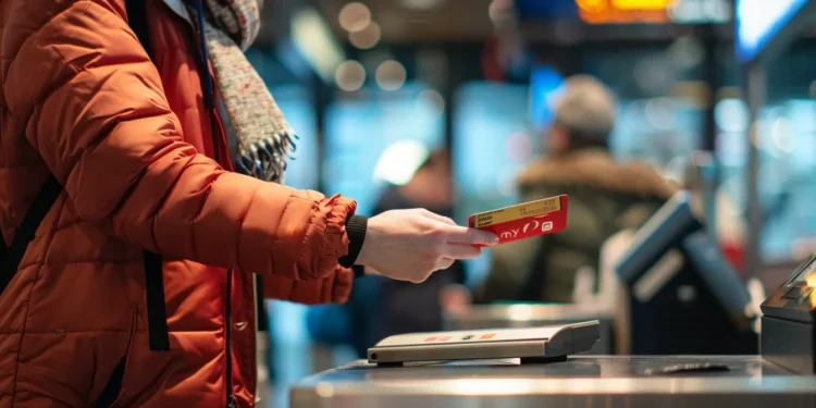 a person standing at a train station ticket counter receiving a restricted travel card.