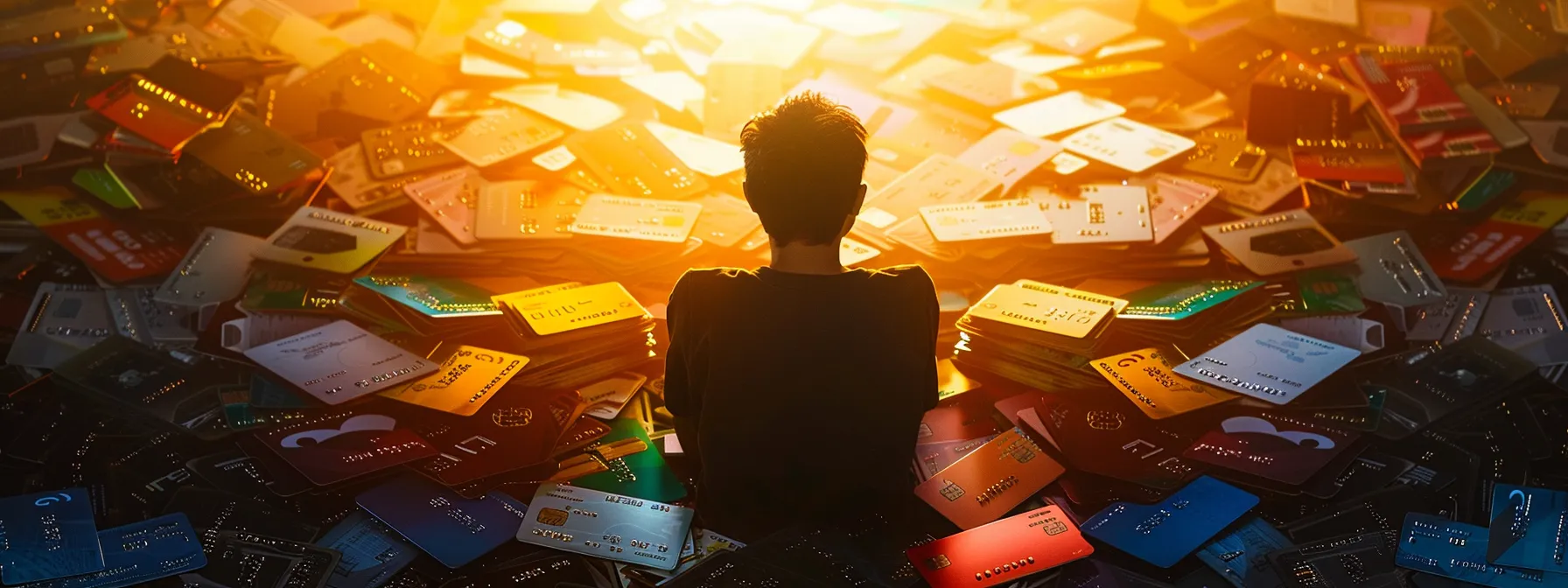 a person surrounded by piles of credit cards, overlooking a looming financial pitfall.