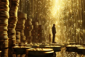 a person surrounded by towering stacks of golden bitcoins, indicating vast wealth and ownership of the most bitcoin.