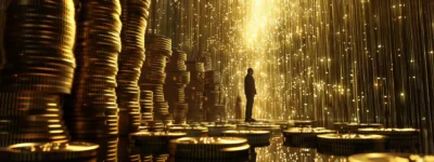 a person surrounded by towering stacks of golden bitcoins, indicating vast wealth and ownership of the most bitcoin.