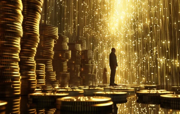 a person surrounded by towering stacks of golden bitcoins, indicating vast wealth and ownership of the most bitcoin.