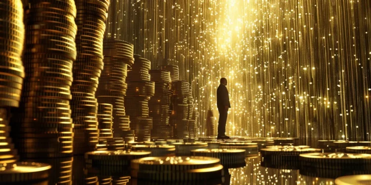 a person surrounded by towering stacks of golden bitcoins, indicating vast wealth and ownership of the most bitcoin.