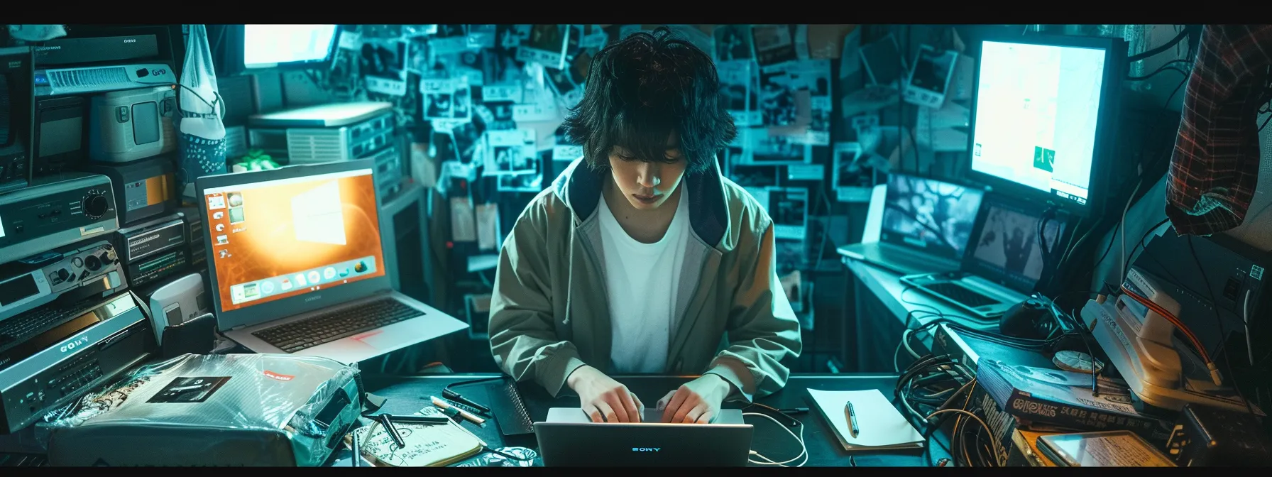 a person typing on a laptop surrounded by various digital devices, showcasing the importance of personal cybersecurity in daily online activities.