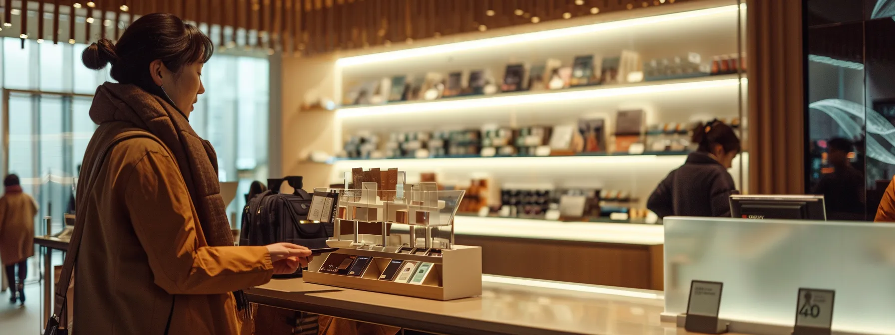 a person using a credit card to make a purchase at a sleek, modern store counter.