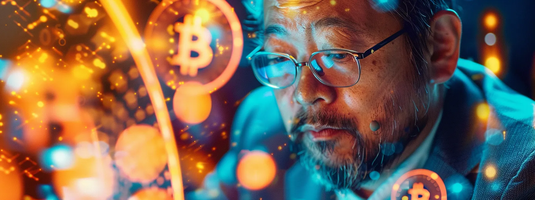 a prominent figure, possibly satoshi nakamoto, making a substantial bitcoin transaction amidst a backdrop of changing market dynamics in 2024.