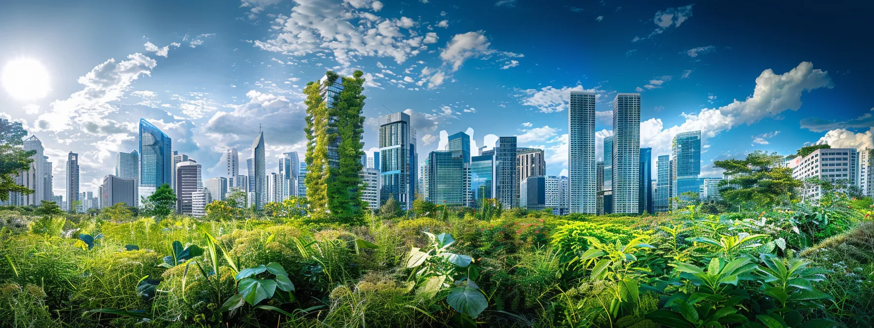 a resilient city skyline with green infrastructure and renewable energy sources, showcasing the integration of climate adaptation into urban development policies.