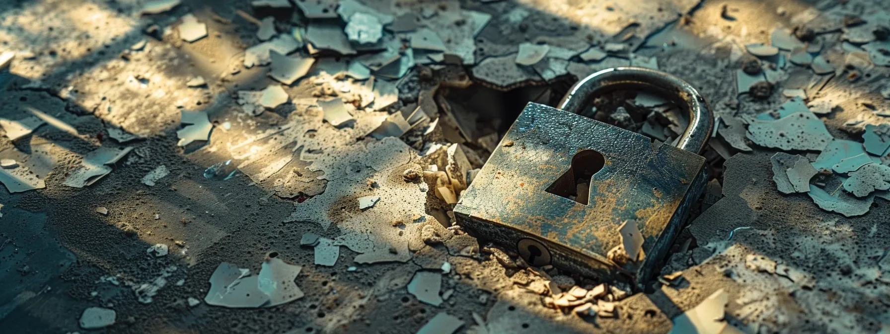 a shattered padlock symbolizing the hidden threat of password reuse, with ominous digital shadows lurking in the background.