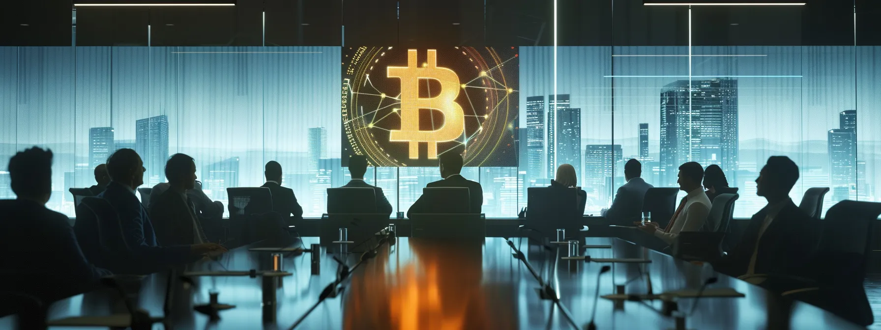 a sleek boardroom table adorned with digital screens displaying live bitcoin prices, surrounded by executives in sharp suits, symbolizing major corporations' embrace of cryptocurrency assets.